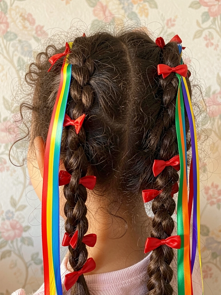 Cabelo crespo castanho escuro em tranças francesa e espinha de peixe com fitas coloridas e laços vermelhos, fundo de papel de parede floral pastel iluminado por luz natural.
