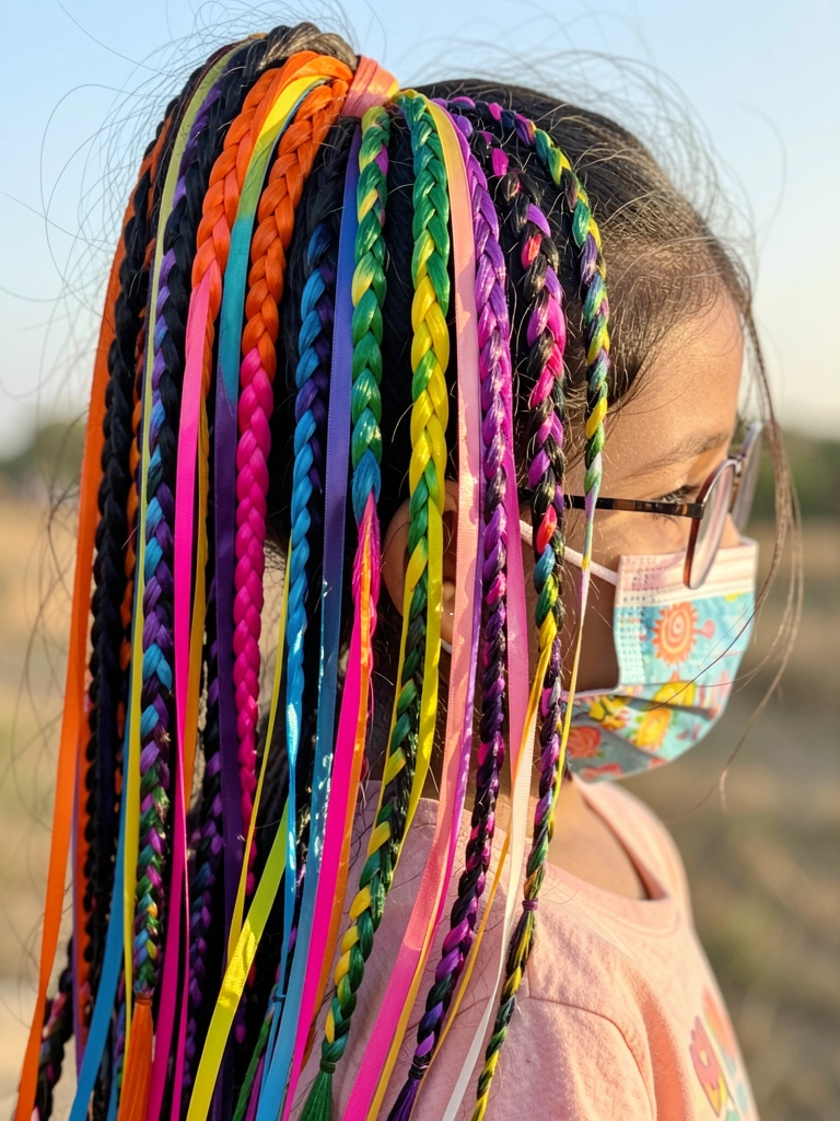 Jovem de cabelo escuro com tranças nagô e fitas coloridas, usando óculos e máscara facial, luz natural suave ao fundo.