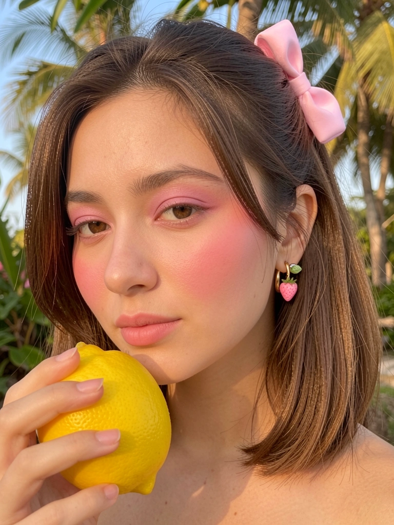 Close-up de uma jovem com cabelo castanho preso em coque com dois laços rosa, brincos de argola dourada e formato de morango, dedos tocando um limão amarelo, luz natural suave.