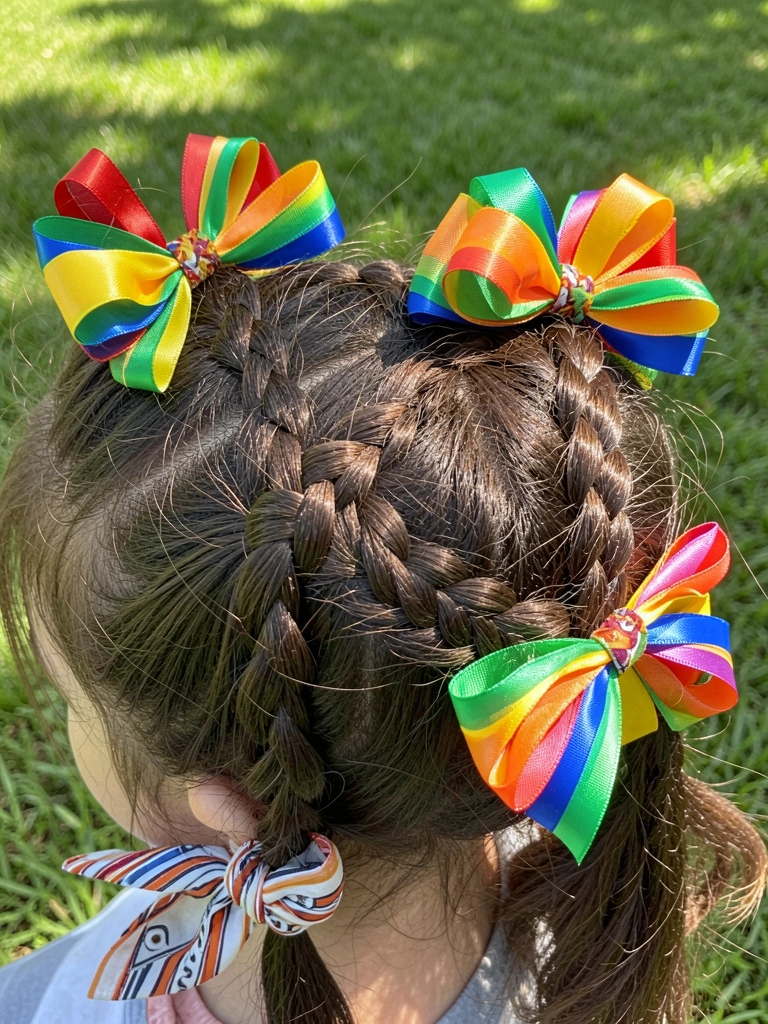 Tranças infantis apertadas com laços de fita vermelha, amarela, azul, verde e laranja, bandana listrada e gramado verde ao fundo.