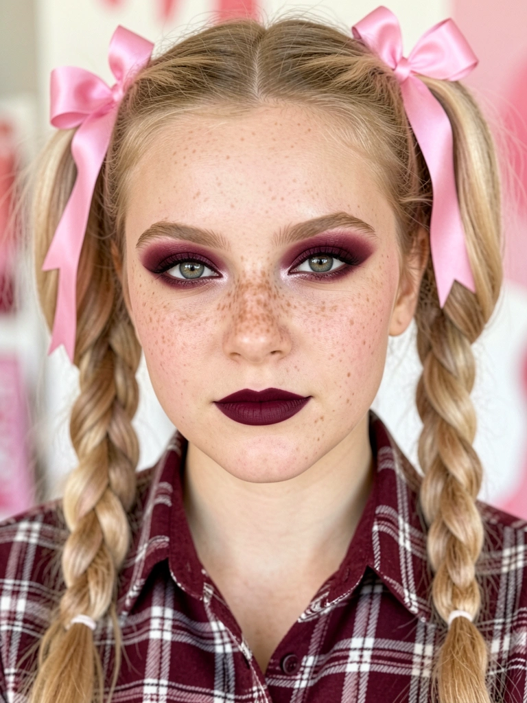 Jovem de cabelo loiro em rabos de cavalo com laços rosa, camisa xadrez vinho e branco, maquiagem vinho intensa, close-up com luz natural suave e fundo levemente desfocado.