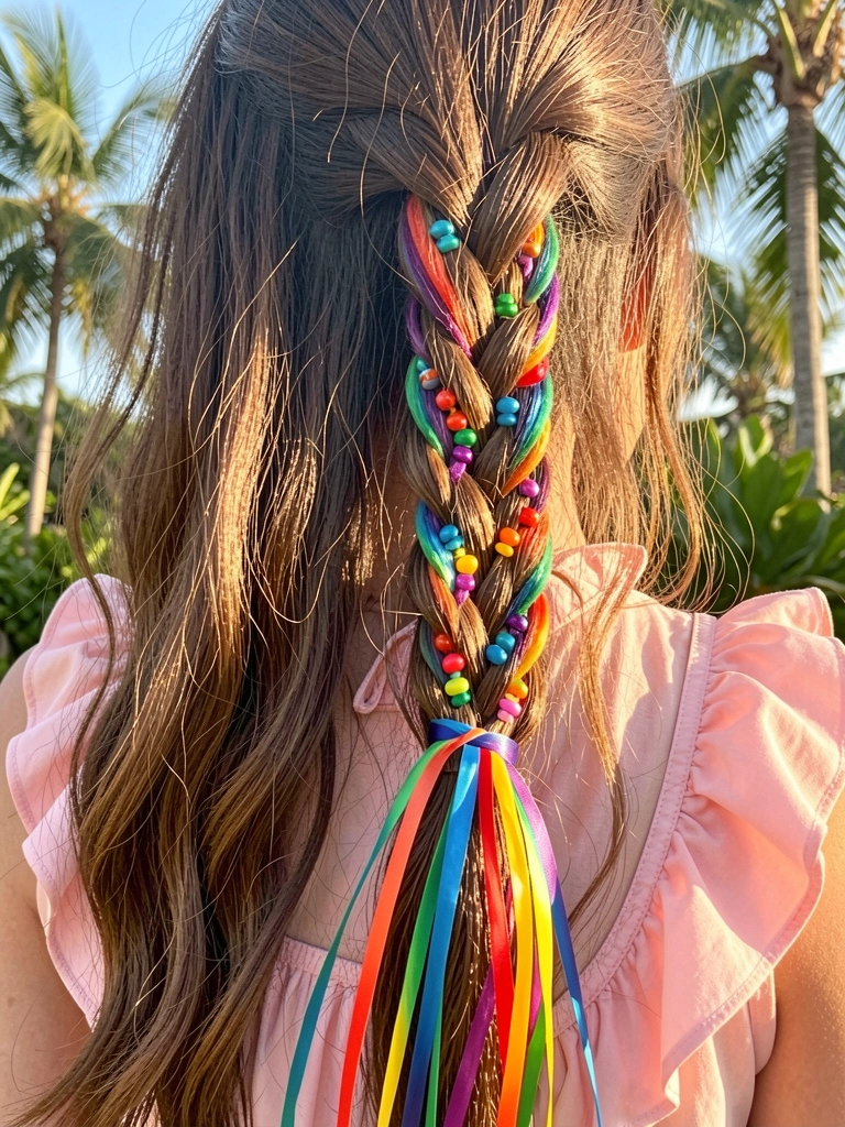 Trança gêmea com fitas coloridas e miçangas em cabelo castanho, luz natural destacando texturas e brilho.