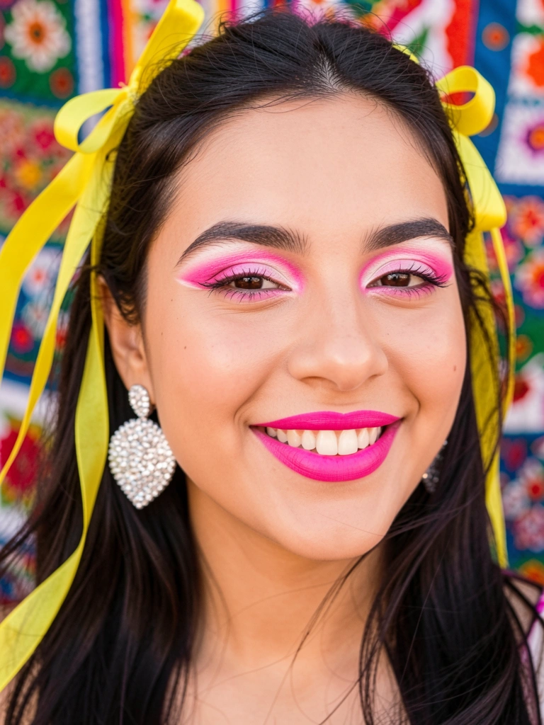 Jovem com maquiagem rosa vibrante, brincos de prata brilhantes e fitas amarelas no cabelo, fundo desfocado de tecido colorido, luz natural.