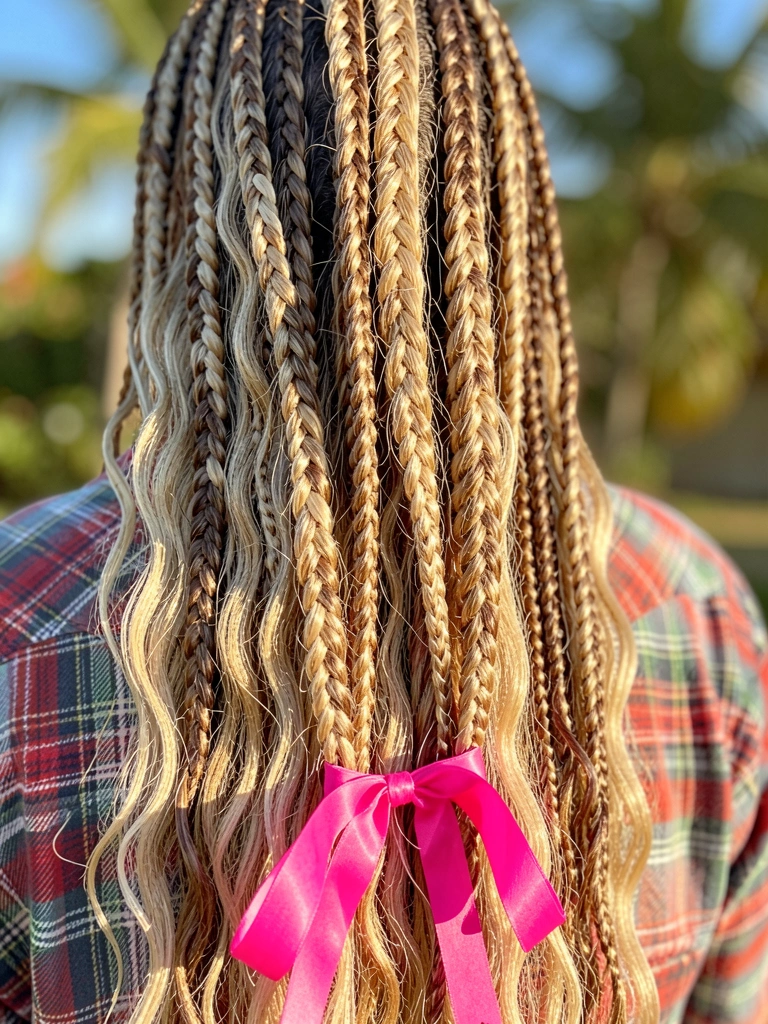 Tranças longas com fitas rosa vibrantes, cabelo loiro e castanho ondulado, luz natural quente e fundo de camisa xadrez desfocado.