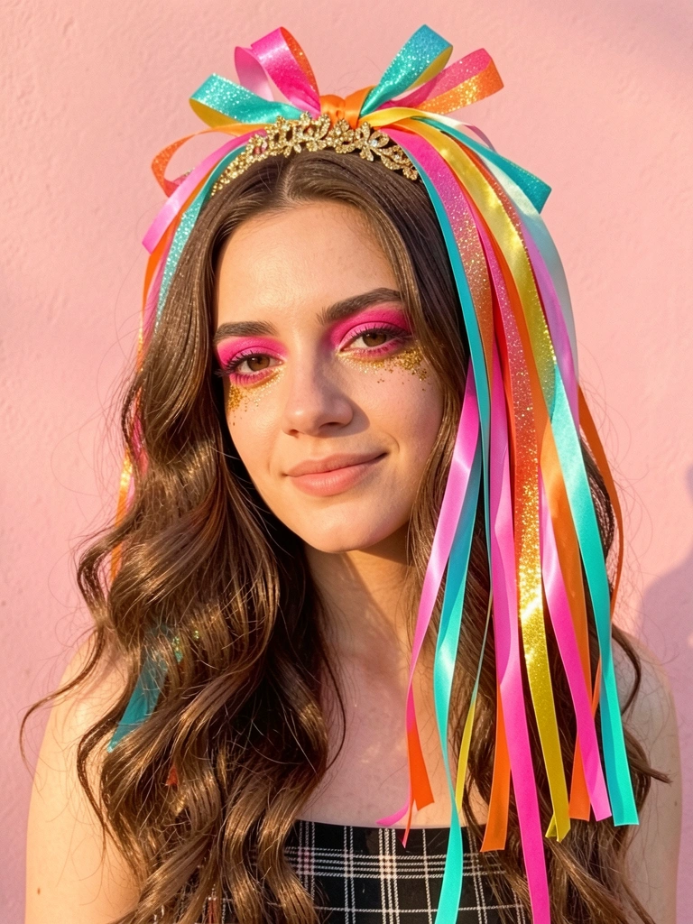 Fitas coloridas em rosa, laranja, amarelo e turquesa caem sobre cabelo cacheado, com brilho dourado nos olhos e fundo rosa suave.