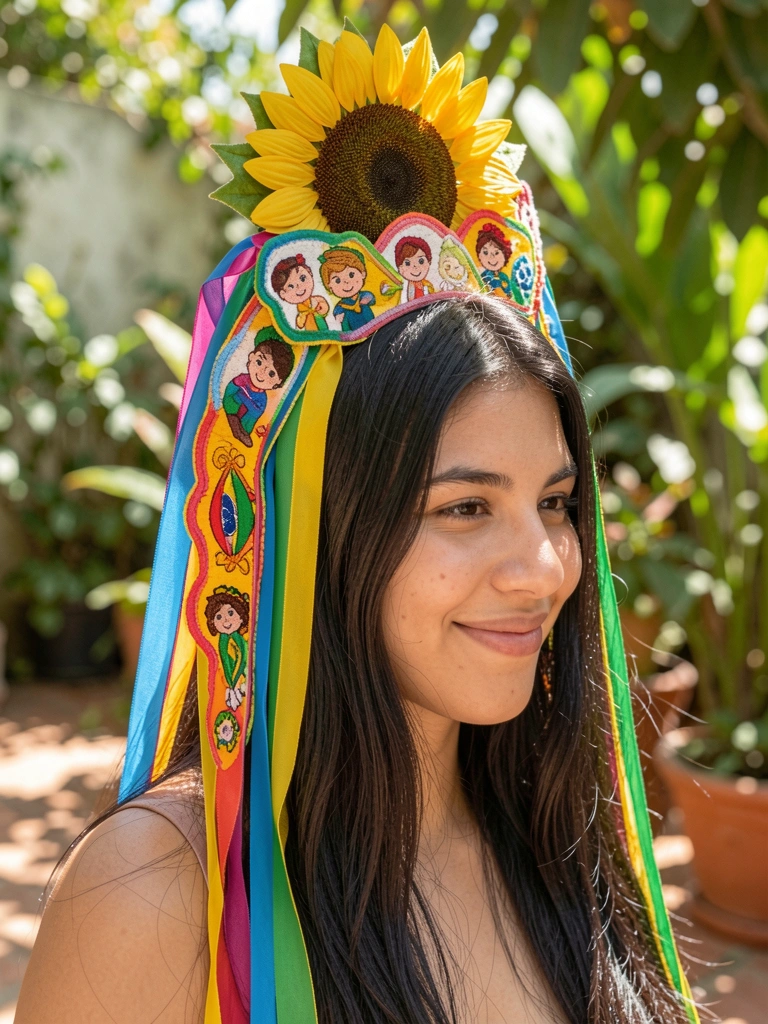 Jovem de cabelo escuro e sorriso sutil com cocar de girassol, fitas coloridas e bordados, em pátio ensolarado com folhagem desfocada.