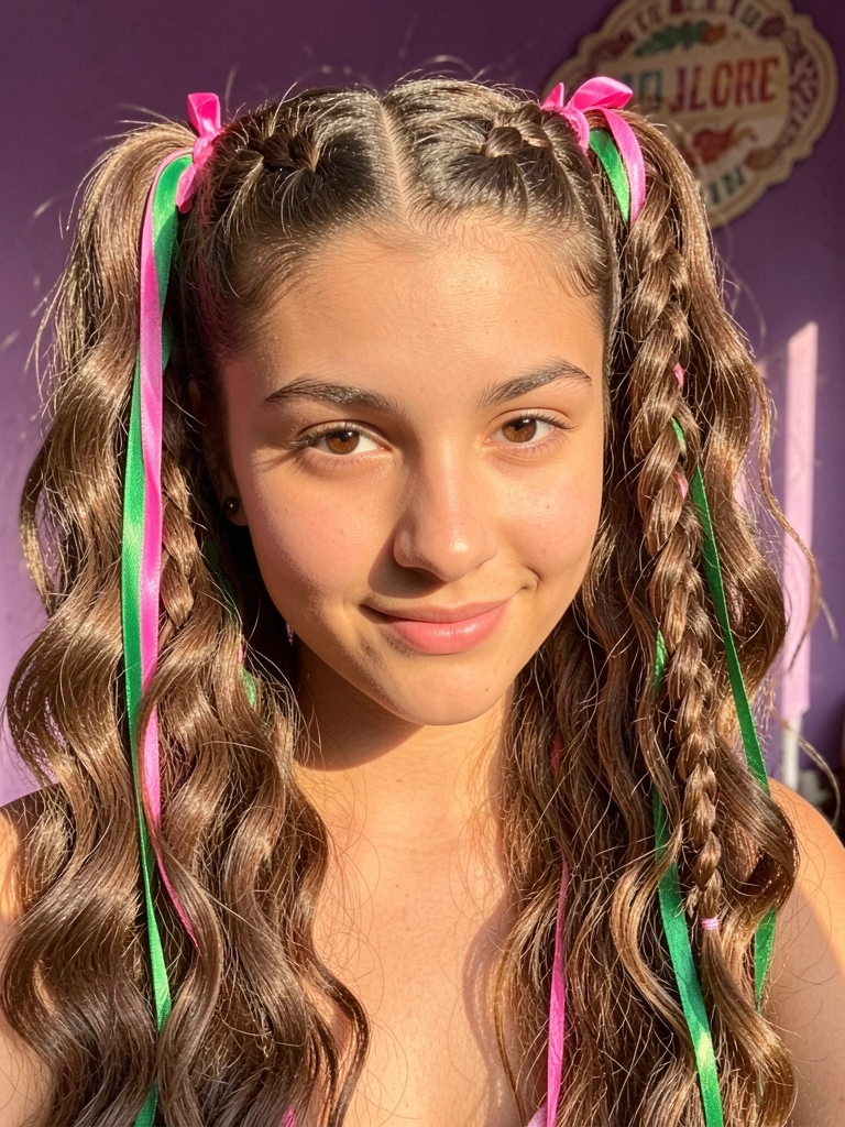 Jovem com cabelo castanho ondulado em duas marias-chiquinhas com fitas rosa e verde, parede roxa desfocada ao fundo, luz natural suave.