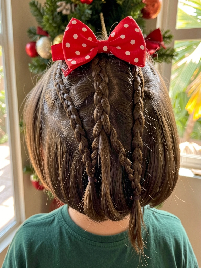 Jovem de cabelo castanho curto com trança complexa e laço vermelho de bolinhas, camisa verde escura, fundo desfocado com decoração de Natal e luz natural.