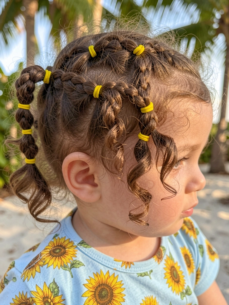 Bebê de cabelo cacheado castanho com maria-chiquinhas presas por elásticos amarelos, camisa azul-clara com estampa de girassol, luz natural suave e fundo desfocado.