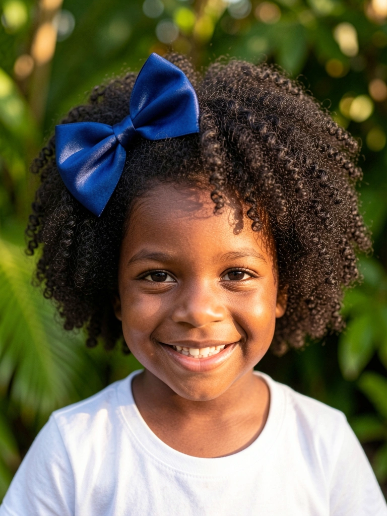 Garota negra sorrindo com afro volumoso e laço de cetim azul-marinho, folhagem verde desfocada ao fundo, luz natural suave.