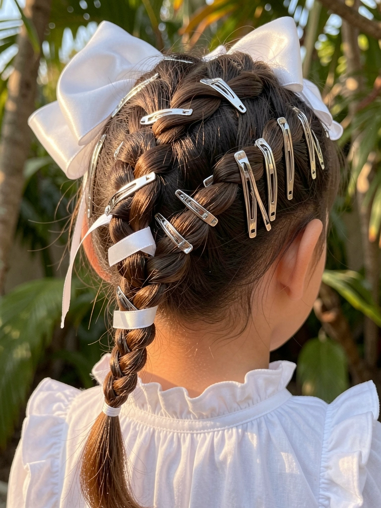 Trança complexa com grampos prateados e laço de cetim branco em cabelo curto, luz natural filtrada por folhas, close macro destacando textura e brilho.