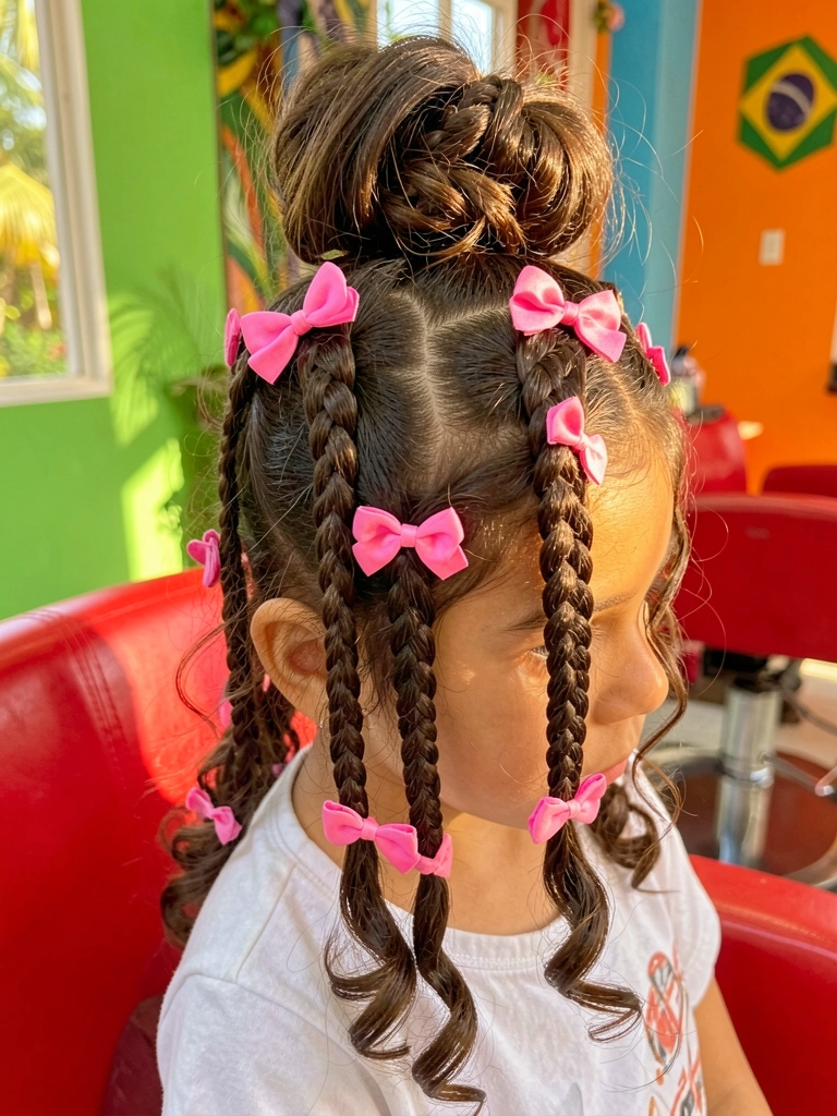 Jovem com cabelo trançado em coque volumoso, laços rosas nas tranças, cadeira vermelha e parede verde-laranja ao fundo, luz natural.