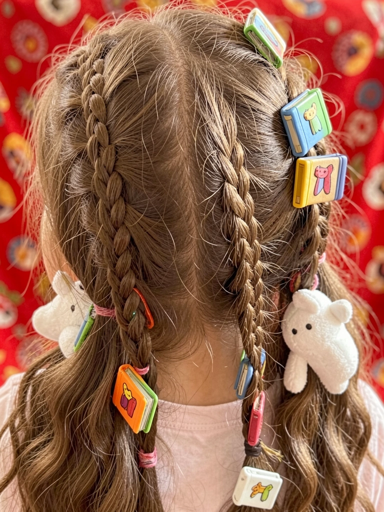 Tranças com clips coloridos em formato de livro e ursinho branco, luz natural difusa, fundo vermelho desfocado.