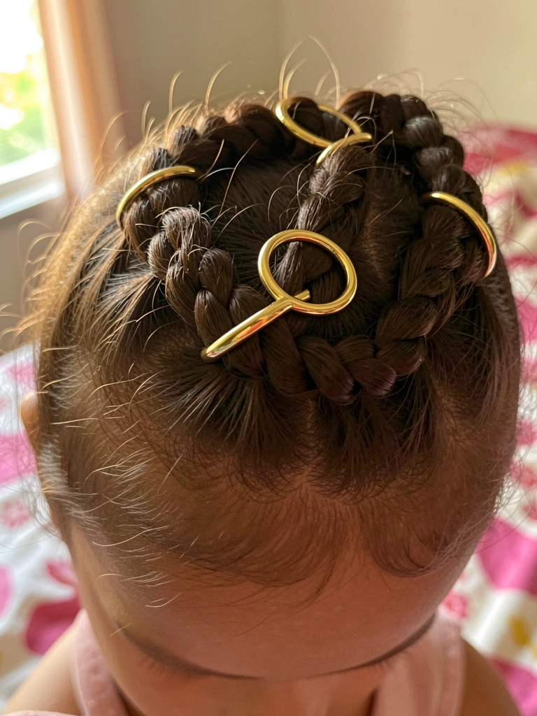 Cabelo crespo preso em coque trançado com quatro argolas douradas, luz natural suave e fundo de colcha rosa e branca desfocado.