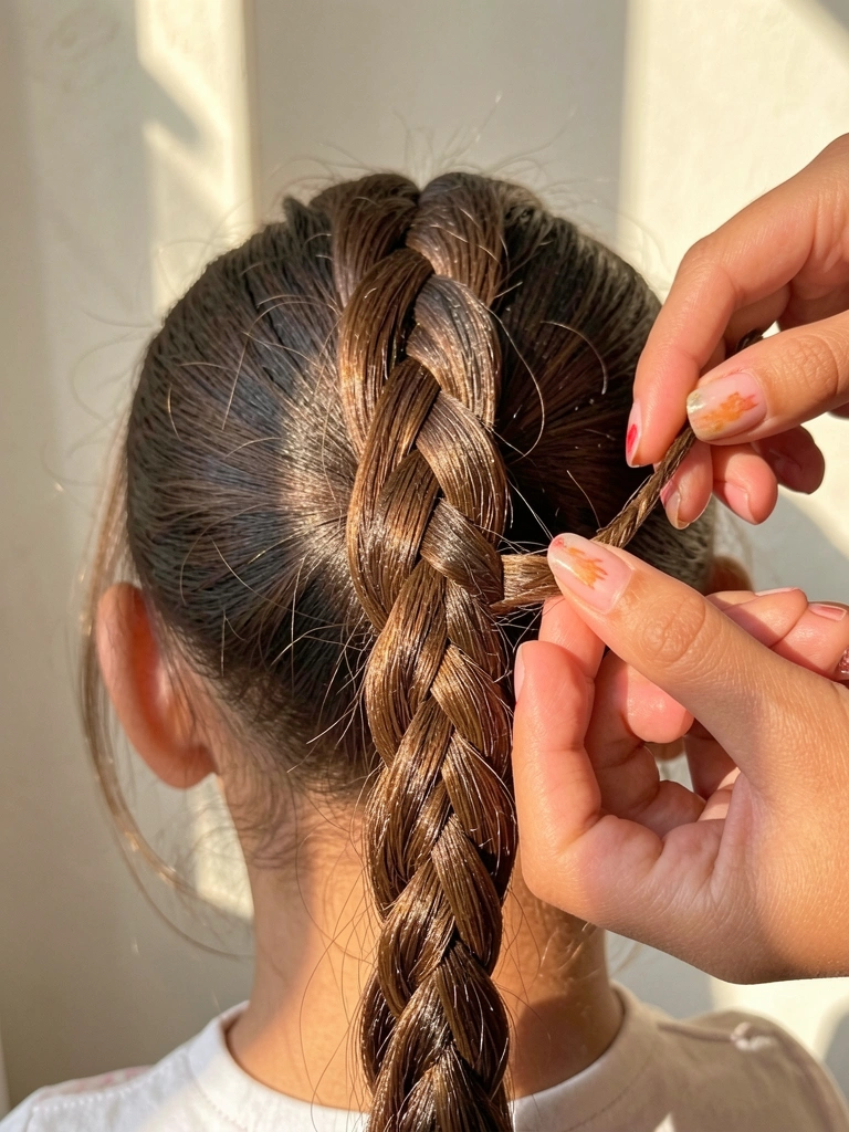 Mão com unhas pintadas trançando cabelo liso de menina, trança grossa e simétrica, luz natural, fundo claro desfocado.