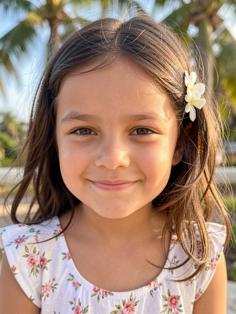 Close-up de menina com cabelo castanho, sorriso suave, vestido branco floral e grampo de flor, luz natural quente, fundo desfocado com sugestão de sol tropical.