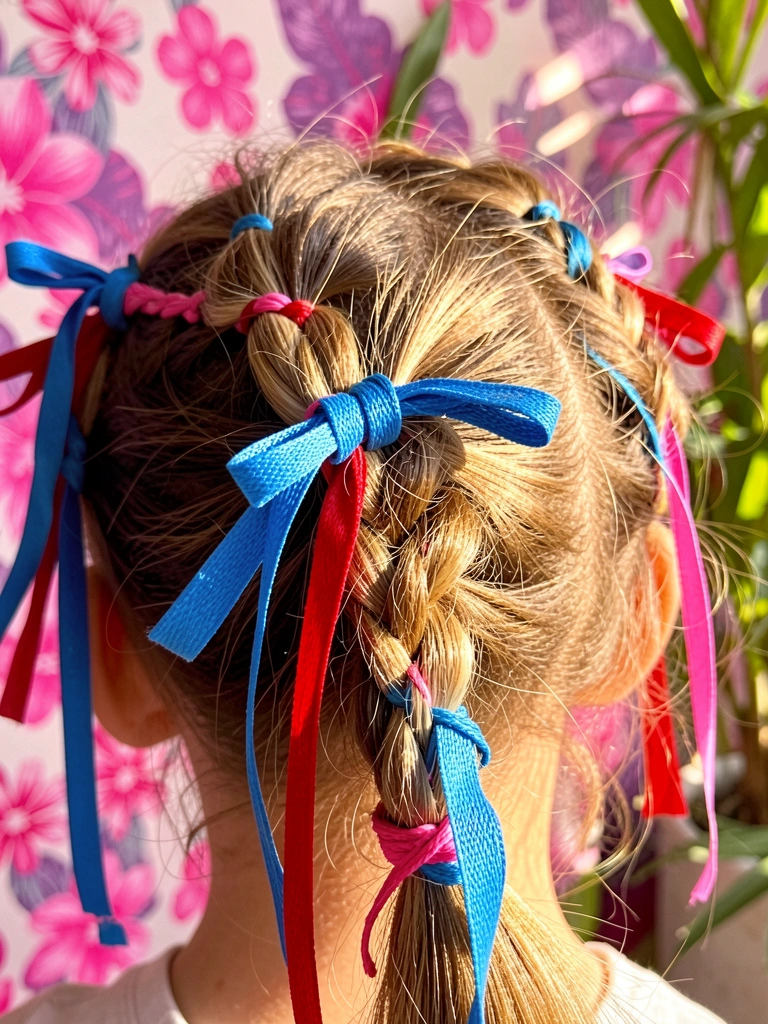 Cabelo castanho claro com mechas loiras e fitas azuis, vermelhas e rosas trançadas em nós, parede floral rosa e roxa ao fundo.