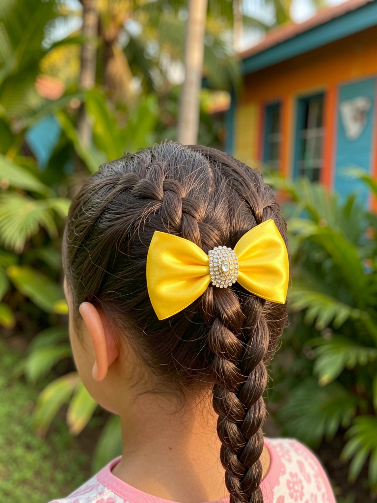 Trança francesa presa em coque com laço de cetim amarelo e fecho de strass, luz natural suave, folhagem verde e fachada colorida desfocadas ao fundo.