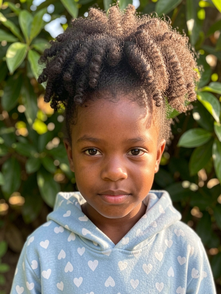 Jovem negra de cabelo afro preso em coque alto, moletom azul claro com corações brancos, folhagem verde desfocada ao fundo e luz natural suave.