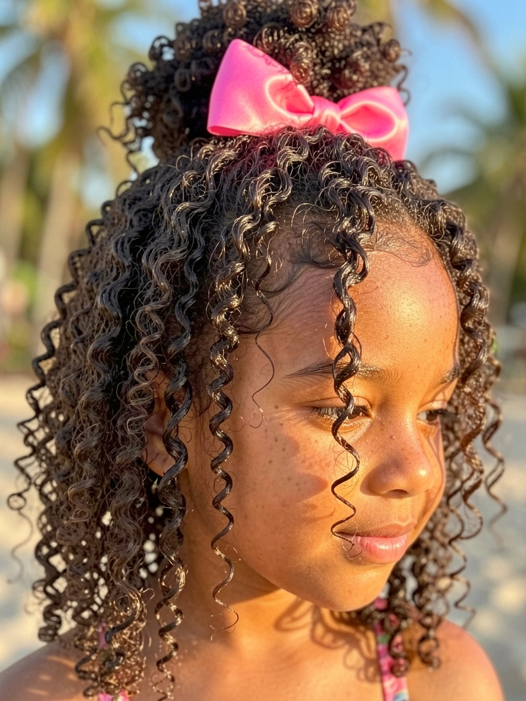 Cachos crespos volumosos com laço rosa vibrante, pele dourada com sardas e luz natural suave ao ar livre.