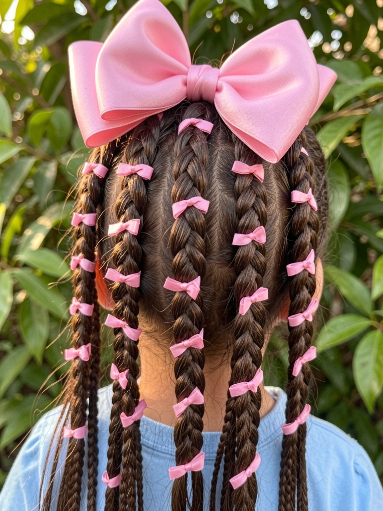Tranças torsadinho com laços de fita rosa em cabelo castanho, laço de cetim rosa no topo da cabeça, fundo verde desfocado.