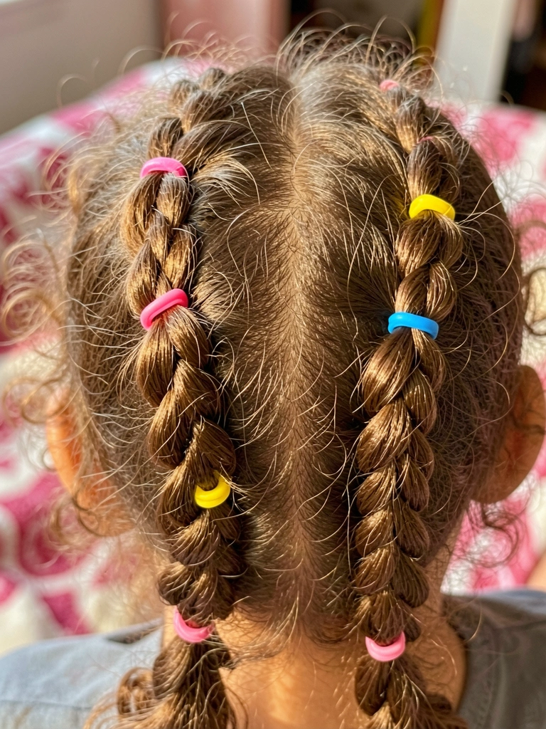 Cabelo cacheado castanho com três tranças presas por elásticos rosa, amarelo e azul, iluminado por luz natural suave, fundo desfocado com manta rosa e branca.