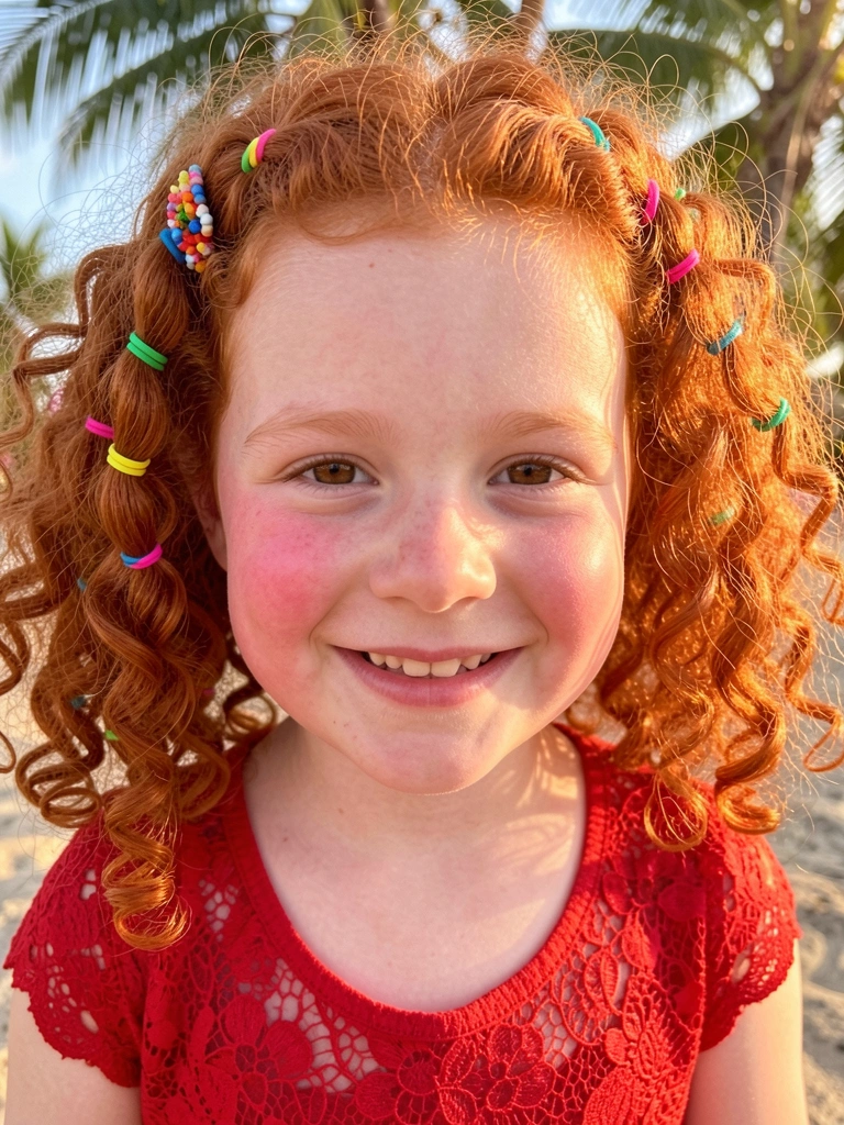 Garota de cabelo ruivo cacheado com elásticos coloridos, blusa de renda vermelha e sorriso natural sob luz do dia.