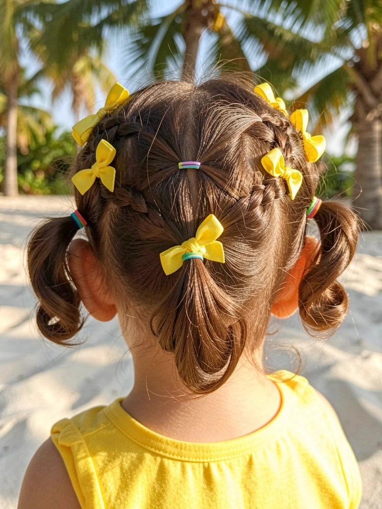 Criança com cabelo curto preso em coque com laços amarelos e elásticos coloridos, luz natural quente e fundo claro.