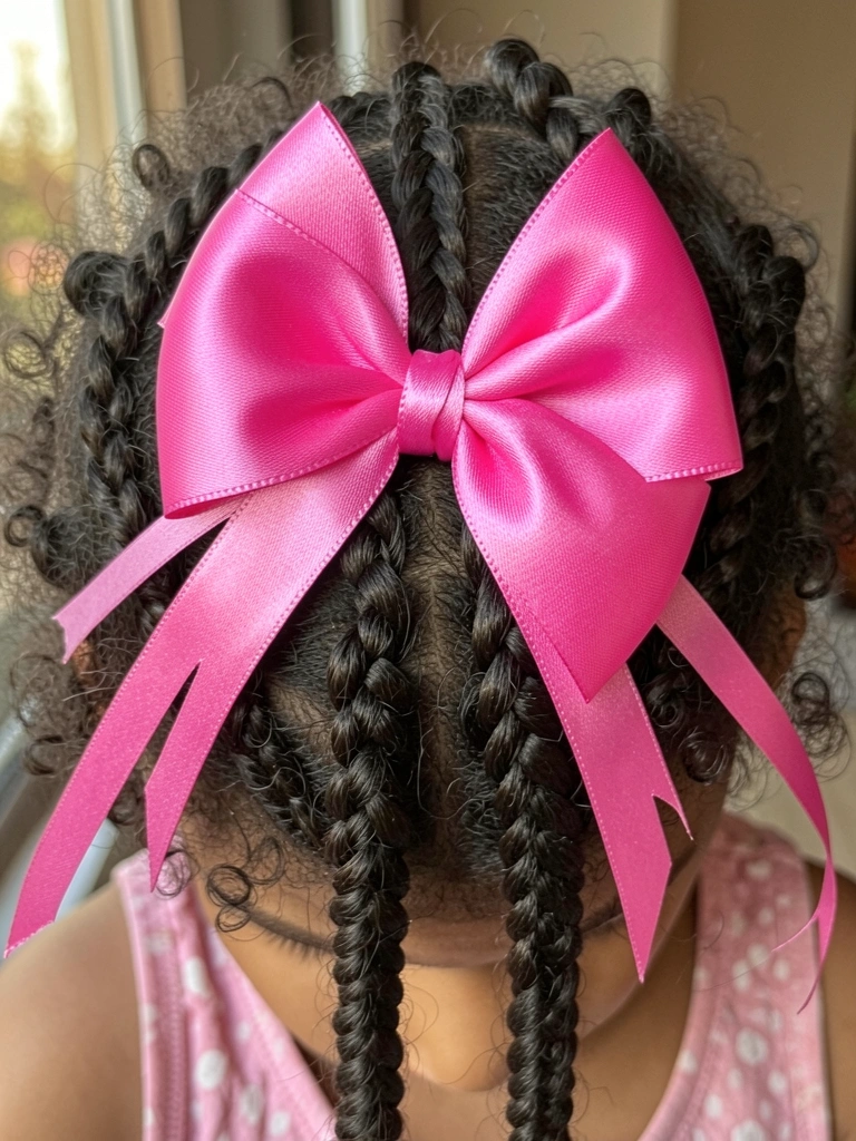 Cabelo crespo infantil trançado com laço grande de cetim rosa, luz natural difusa destacando textura dos fios e brilho do tecido.