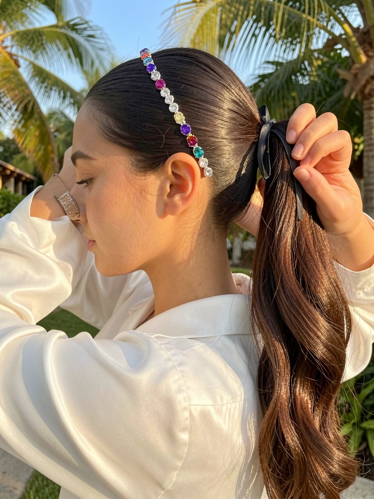 Jovem de cabelo castanho escuro e blusa de seda branca fazendo rabo de cavalo com fita escura, tiara de contas coloridas, luz natural quente.