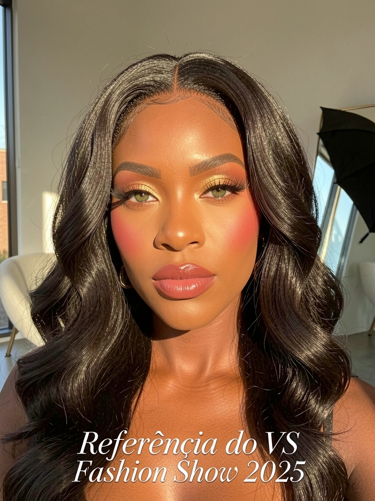 Close-up de mulher negra com cabelos ondulados escuros, maquiagem com batom rosa e sombra dourada, pele radiante, olhos verdes; fundo com cadeira branca curva, guarda-chuva preto e espelho, luz natural de janela.