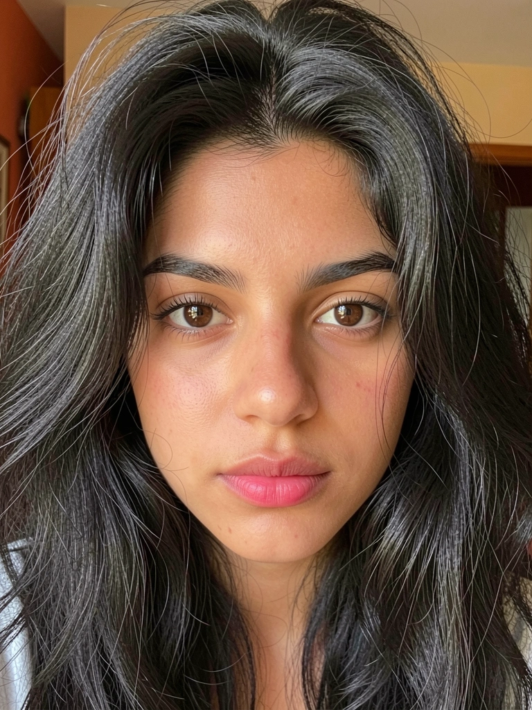 Jovem de cabelos escuros e volumosos com textura definida, iluminados por luz natural suave, olhos castanhos e lábios rosados.
