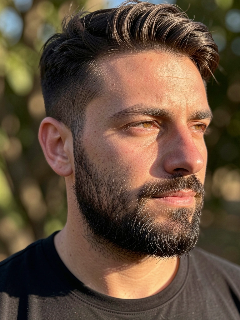 Homem de barba escura e cabelo castanho, perfil contra fundo desfocado de folhagem, luz natural quente.
