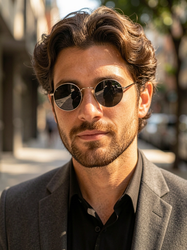 Homem de terno cinza escuro e óculos redondos escuros, barba e cabelo castanhos, luz natural quente e fundo urbano desfocado.