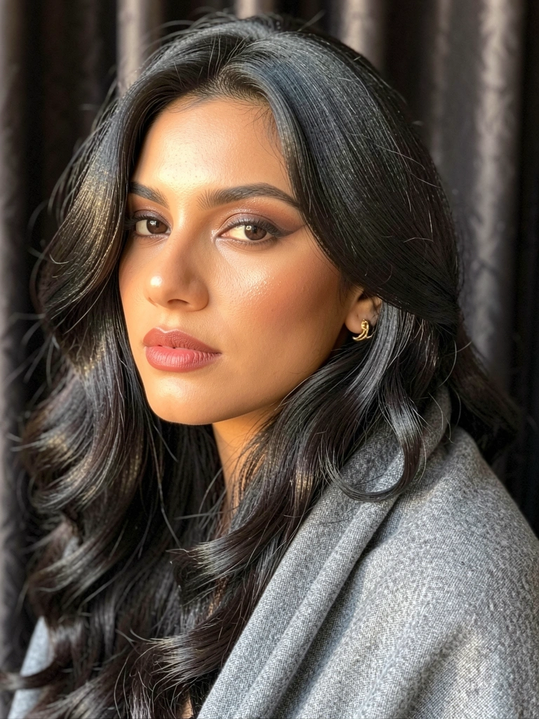 Mulher com cabelo escuro ondulado, xale cinza e brinco de ouro, iluminação suave destacando a textura do cabelo e da pele.