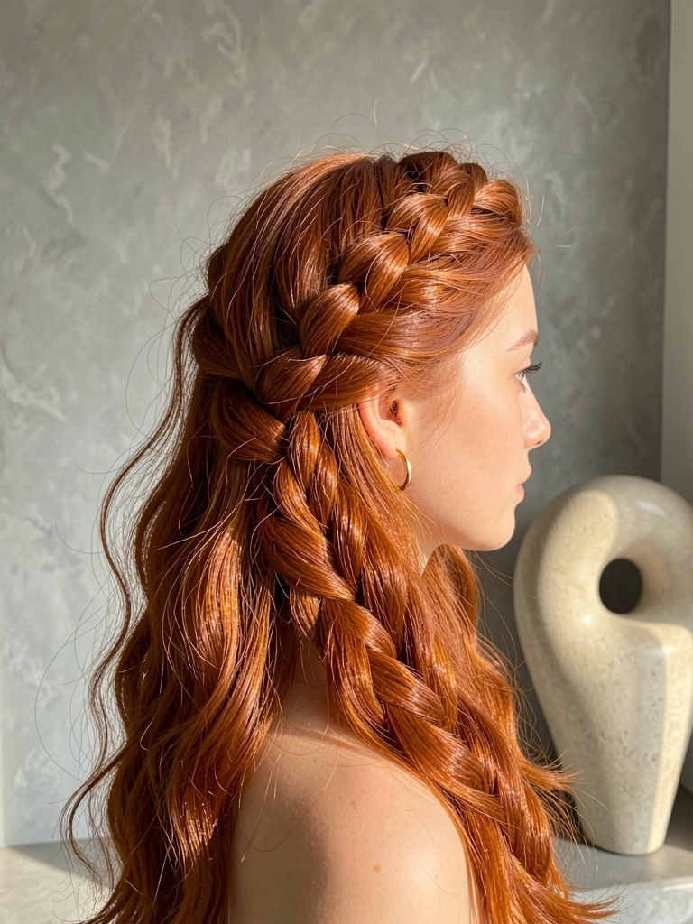 Jovem com cabelo ruivo ondulado em trança detalhada, brinco de argola dourado, parede cinza texturizada e escultura abstrata clara ao fundo, luz natural suave.