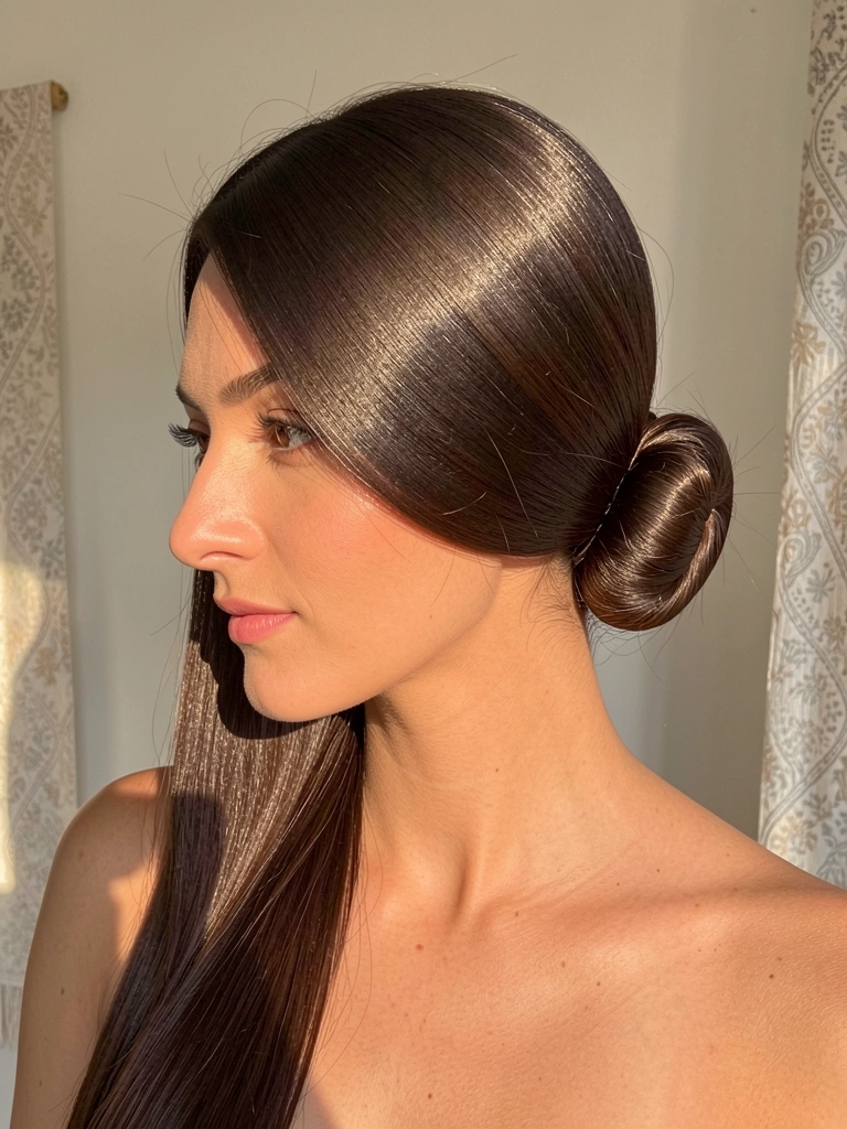 Mulher de cabelo castanho escuro preso em coque baixo polido, luz natural difusa e parede clara com tecido estampado ao fundo.
