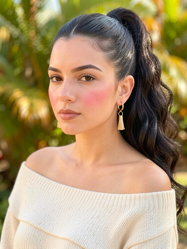 Mulher de cabelo preso em rabo de cavalo com risca lateral, suéter off-shoulder creme, brincos de argola dourada com franja, fundo desfocado de folhagens tropicais e luz natural suave.