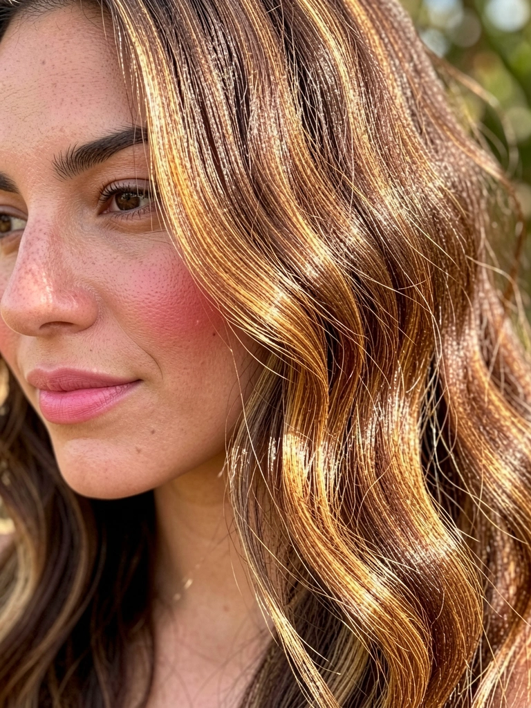 Mulher de cabelos ondulados castanhos com mechas carameladas, pele radiante e batom rosa, luz natural difusa e fundo desfocado.
