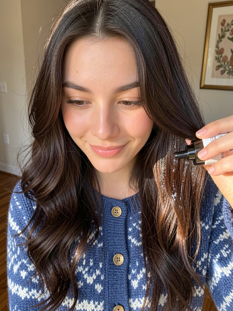 Jovem de cabelo castanho escuro ondulado aplicando sérum nas pontas, suéter azul e branco com botões dourados, luz natural, fundo desfocado com moldura de quadro.