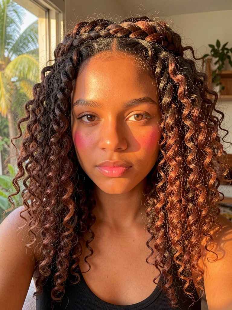 Jovem com cabelos crespos castanhos e ruivos em trança coroa, pele morena, olhos expressivos, luz dourada suave e fundo desfocado.