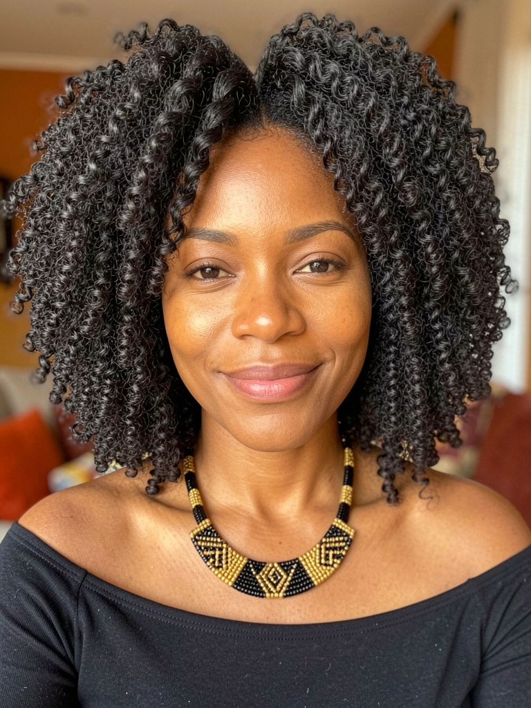 Afro crespo volumoso em close, colar geométrico preto e dourado sobre ombro nu, luz natural difusa em pele negra.