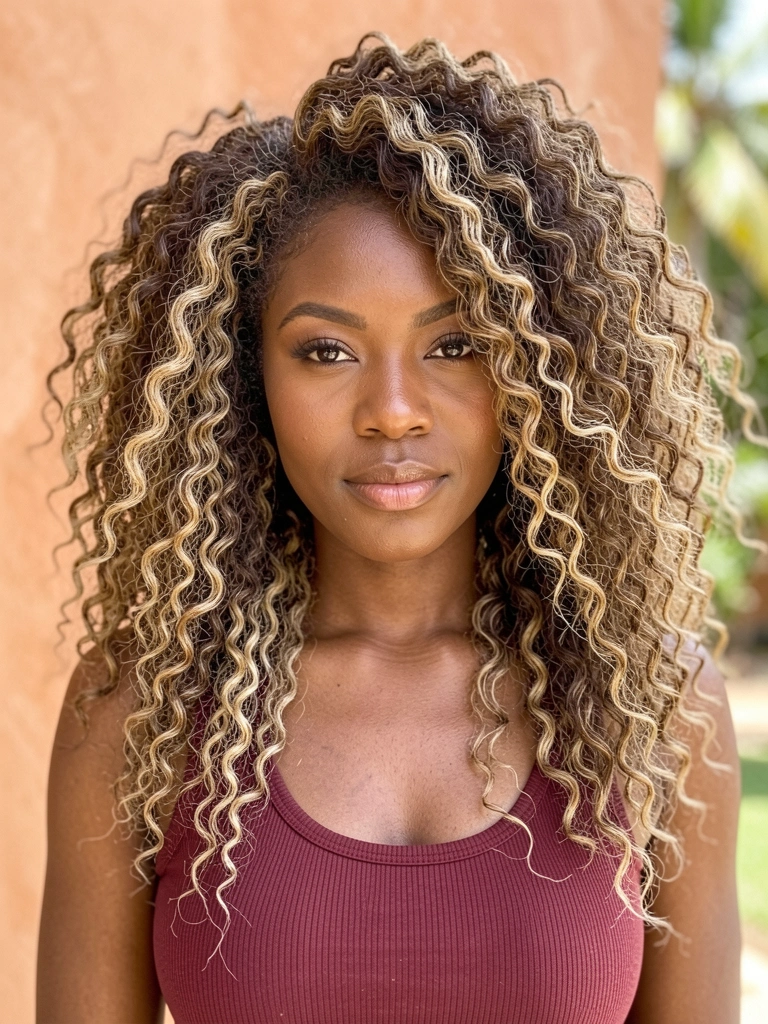 Mulher negra com cabelos ondulados castanhos e loiros, blusa vinho, luz natural suave, fundo desfocado tropical.