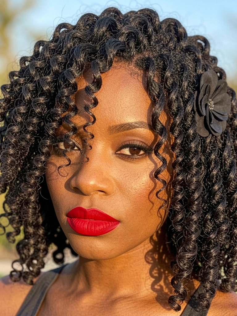 Cacheados volumosos com twist e acessório floral preto, batom vermelho intenso e luz natural destacando a textura do cabelo.