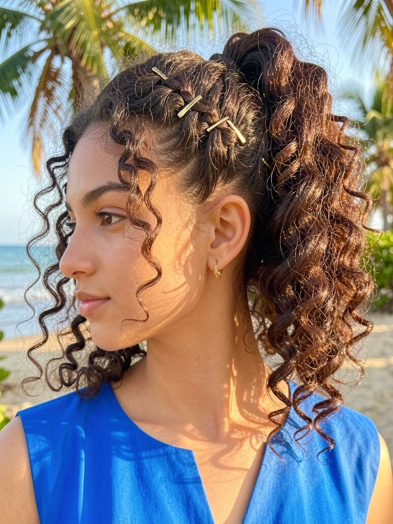 Jovem com cabelo cacheado preso em rabo de cavalo lateral com grampos, vestido azul vibrante e brincos de ouro, luz natural quente.