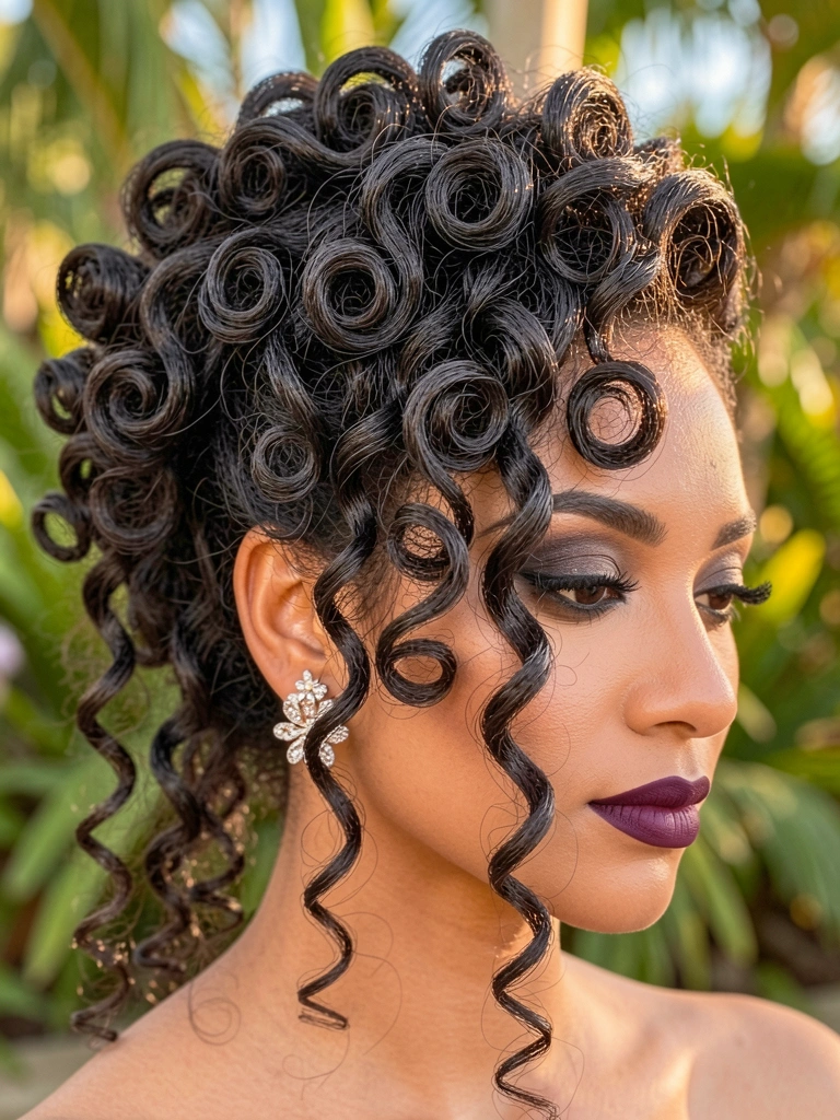 Cabelo cacheado preso em coque alto com cachos espiralados, brincos floridos brilhantes e maquiagem com olho esfumado e batom vinho, fundo verde desfocado.