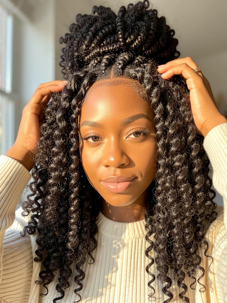 Jovem negra com cabelo crespo volumoso em updo, toca os fios com a mão, suéter creme, luz natural difusa.