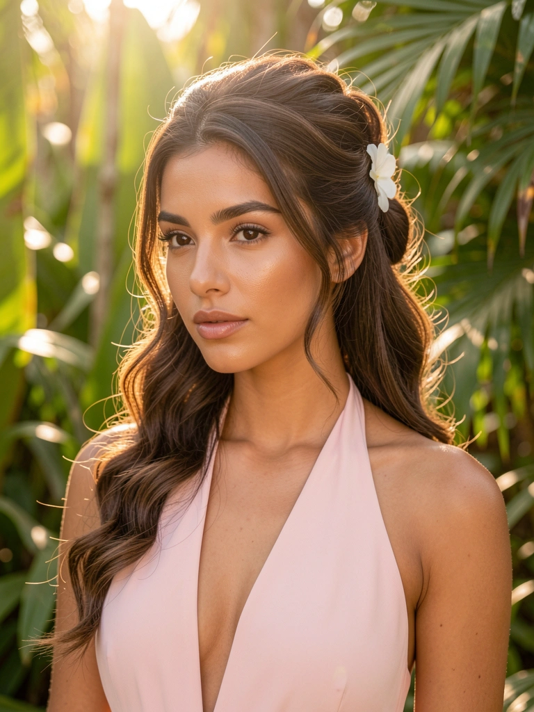 Jovem com cabelo preso em coque despojado com flor branca, vestido rosa claro, luz difusa e folhagem ao fundo.