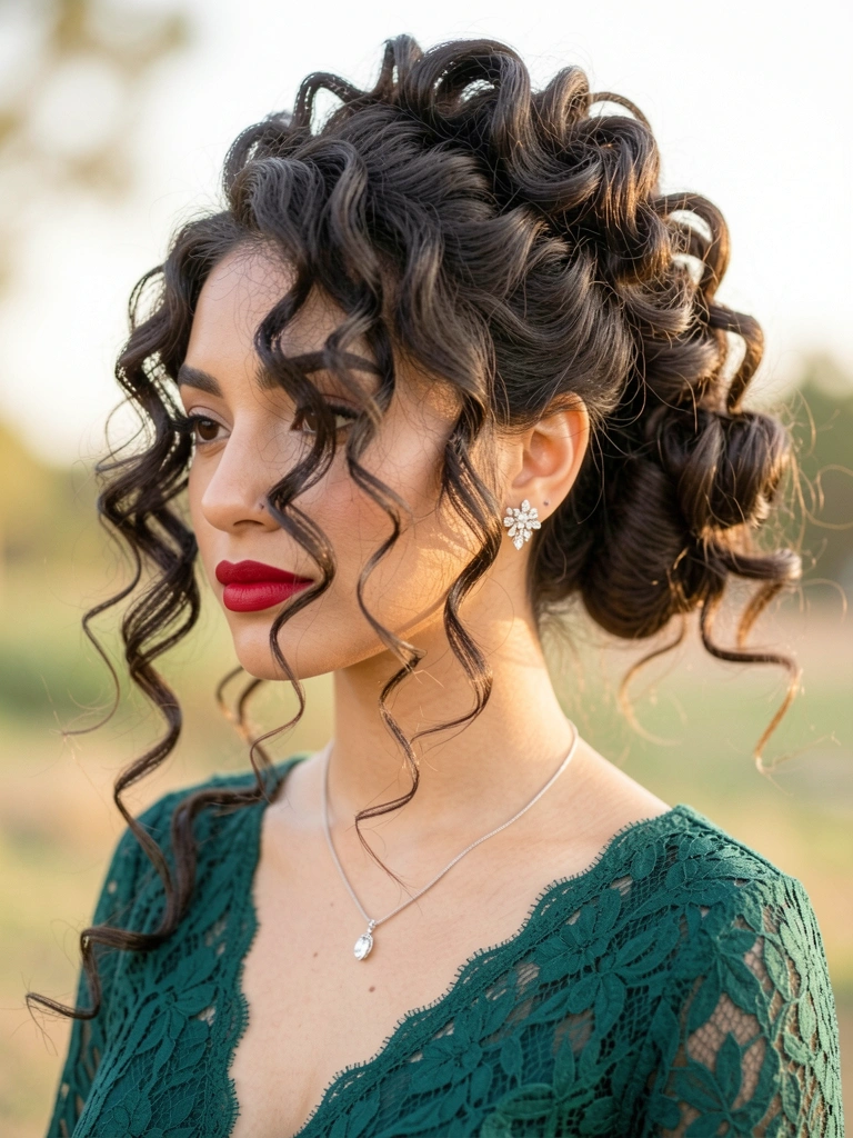 Jovem com cabelo cacheado preso em coque volumoso, vestido verde-esmeralda de renda, colar de prata e brincos de cristal, luz natural difusa destacando textura dos fios e detalhes do tecido.