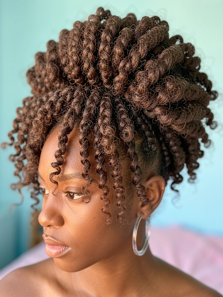 Jovem negra com cabelo crespo volumoso preso em updo trançado e cacheado, brincos de argola acrílicos, luz natural suave, fundo pastel azul e rosa desfocado.